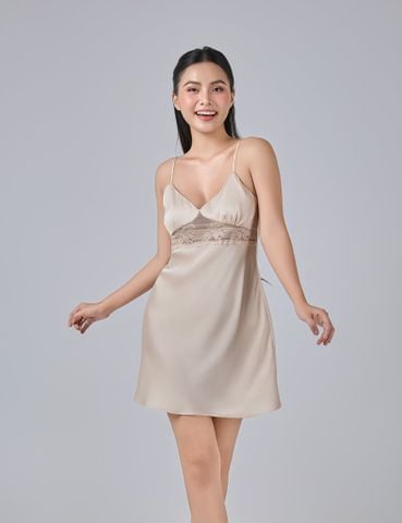 Đầm ngủ nữ lụa satin iBasic 2 dây ngắn phối ren - SW070