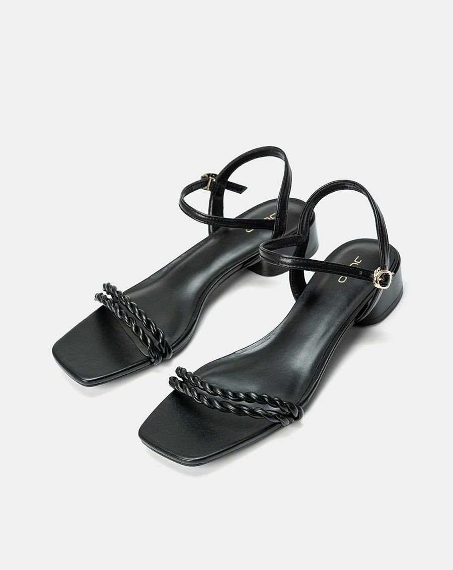 Giày Sandal Gót Thấp Phối Hai Quai Xoắn