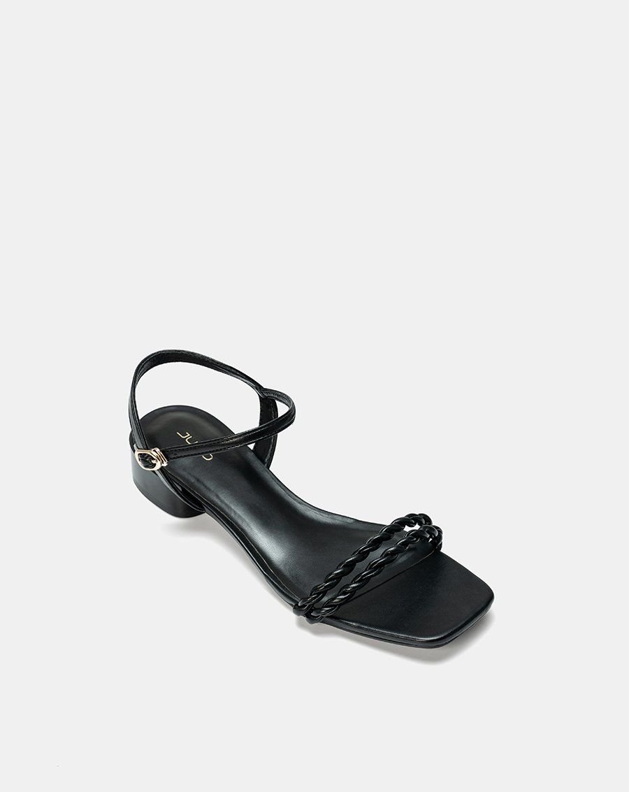 Giày Sandal Gót Thấp Phối Hai Quai Xoắn