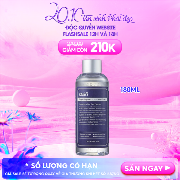 Nước Hoa Hồng Klairs Không Mùi Dưỡng Ẩm, Làm Dịu Da Supple Preparation Unscented Toner 180ml