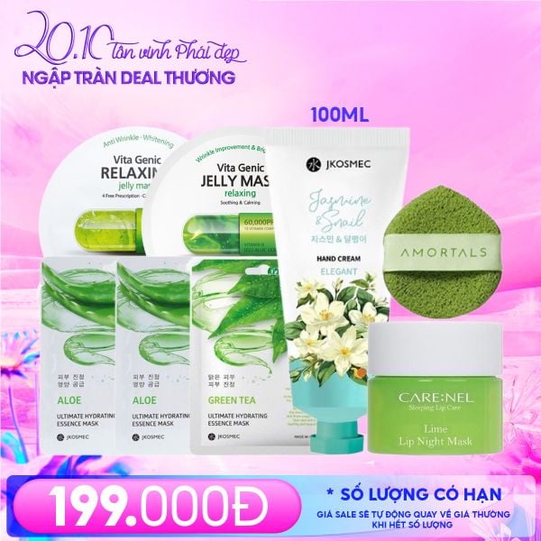 Combo 20/10: Mặt Nạ Ngủ Môi Carenel 5g #Lime + Mặt Nạ Jkosmec #Aloe + Mặt Nạ Jkosmec #Green Tea + Mặt Nạ BNBG Vitamin B + Mặt Nạ Banobagi #Relaxing + Bông Rửa Mặt Amortals (1 Miếng) + Kem Dưỡng Da Tay Jkosmec 100ml #Jasmine & Snail