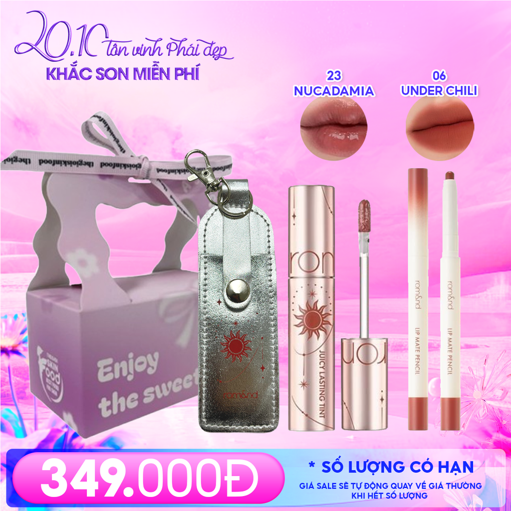 Combo Romand: Son Tint Lì Juicy Solunar Edition + Túi Đựng Son Móc Khóa Solunar + Chì Kẻ Viền Môi Nhung Lì, Lâu Trôi, Thiết Kế 2 Đầu 06 Under Chili + Túi Quà