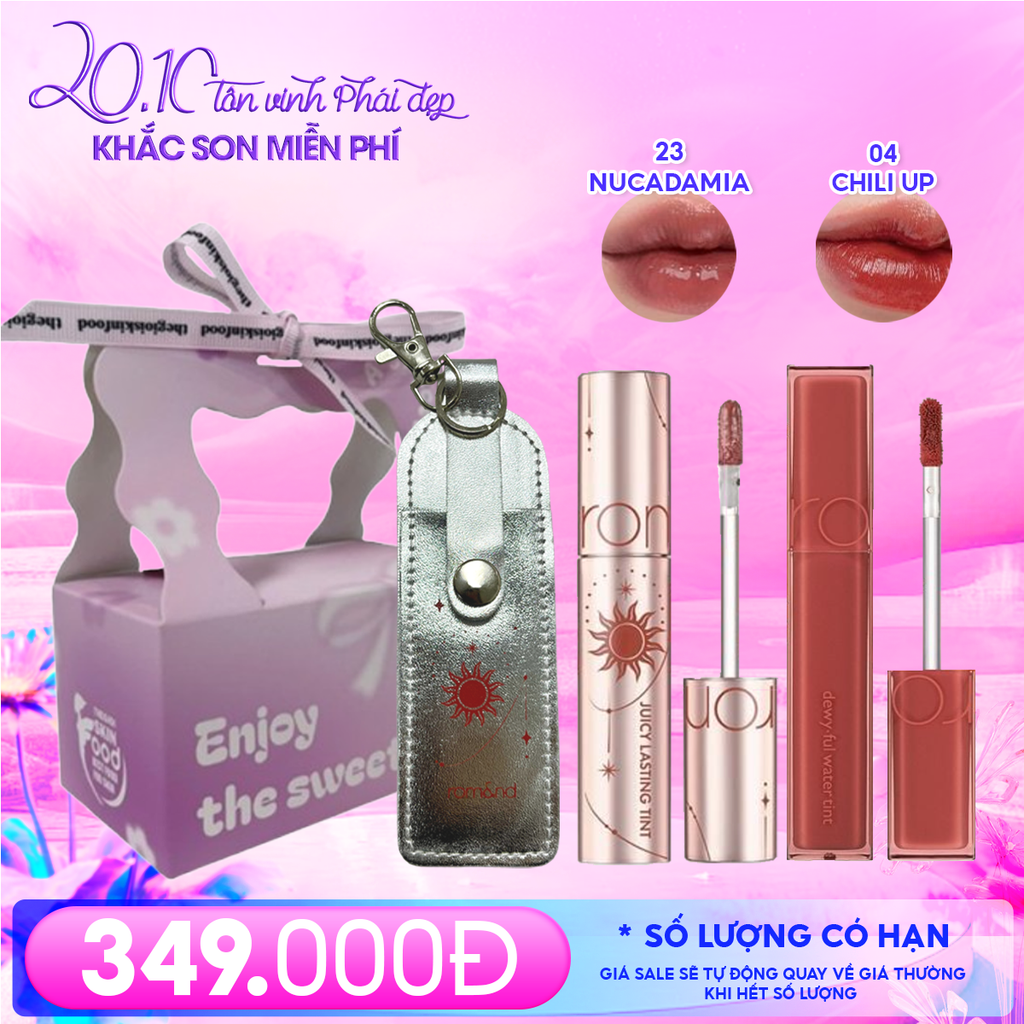 Combo Romand: Son Tint Lì Juicy Solunar Edition + Túi Đựng Son Móc Khóa Solunar + Son Kem Lì Blur Fudge Tint 04 Chili Up + Túi Quà