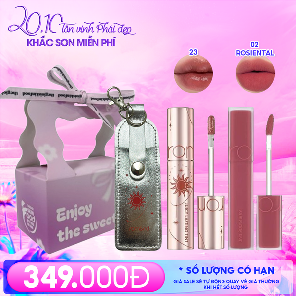 Combo Romand: Son Tint Lì Juicy Solunar Edition + Túi Đựng Son Móc Khóa Solunar + Son Kem Lì Blur Fudge Tint 02 Roisental + Túi Quà