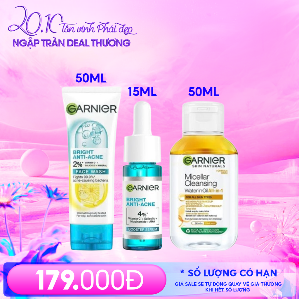 Combo 3 Sản Phẩm Garnier: Serum Tinh Chất Dưỡng Sáng Da, Mờ Thâm Nám 15ml + Sữa Rửa Mặt Giảm Mụn, Dưỡng Sáng Da 50ml + Nước Tẩy Trang Làm Sạch Sâu 2 Lớp 50ml