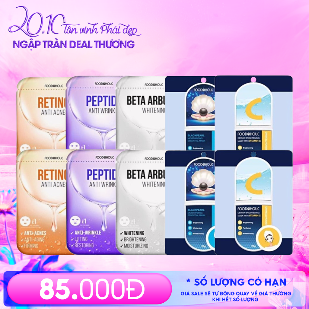 Combo Mask Foodaholic 10 Miếng Chăm Sóc Da: Retinol (2 Miếng) + Peptide (2 Miếng) + Beta Arbutin (2 Miếng) + Blackpearl (2 Miếng) + Vitamin C (2 Miếng)
