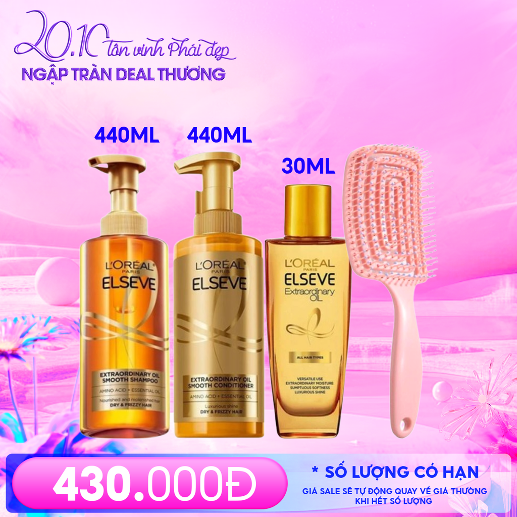 Combo 4 Sản Phẩm L'oreal: Dầu Xả Dưỡng Tóc Suôn Mượt 440ml + Dầu Gội L'oreal Dưỡng Tóc Suôn Mượt 440ml + Lược Chải Tóc + Dầu Dưỡng Tóc 30ml