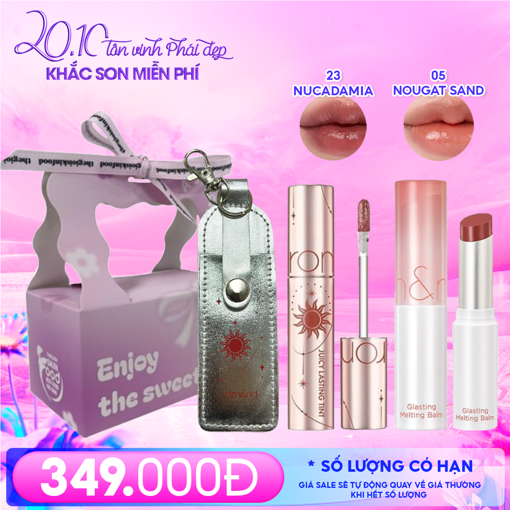 Combo Romand: Son Tint Lì Juicy Solunar Edition + Túi Đựng Son Móc Khóa Solunar + Son Dưỡng Melting Balm 05 Nougat Sand + Túi Quà