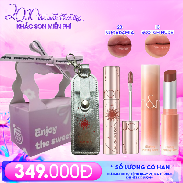 Combo Romand: Son Tint Lì Juicy Solunar Edition + Túi Đựng Son Móc Khóa Solunar + Son Dưỡng Melting Balm 13 Scotch Nude + Túi Quà