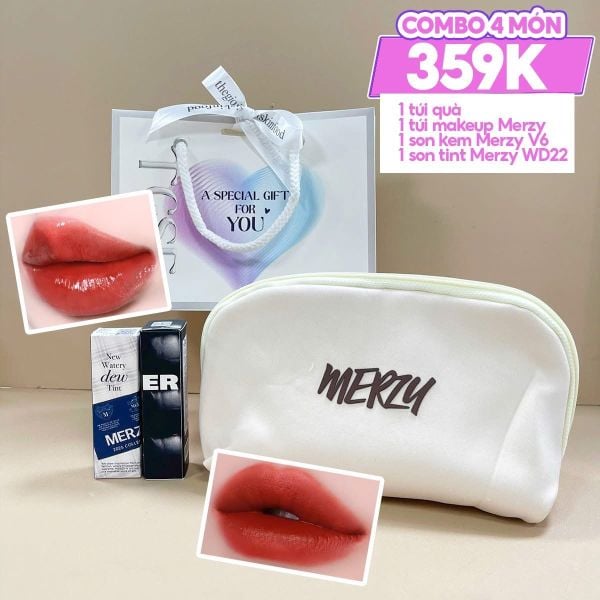 Combo Quà Tặng 20/10: Túi Đựng Make Up Merzy + Son Kem Lì Merzy #V6 PUFFER + Son Tint Merzy 3g4g #WD22 Hazel Chili + Túi Quà Vừa #Trắng
