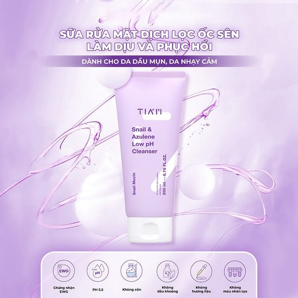 Sữa Rửa Mặt Tiam Ốc Sên Làm Dịu, Hỗ Trợ Phục Hồi Da Snail & Azulene Low pH Cleanser 200ml
