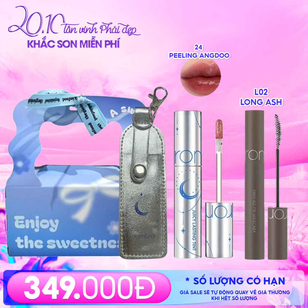 Combo Romand: Son Tint Lì Juicy Solunar Edition + Túi Đựng Son Móc Khóa Solunar + Mascara Chuốt Mi L02 Long Ash + Túi Quà