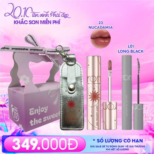 Combo Romand: Son Tint Lì Juicy Solunar Edition + Túi Đựng Son Móc Khóa Solunar + Mascara Chuốt Mi L01 Long Black + Túi Quà
