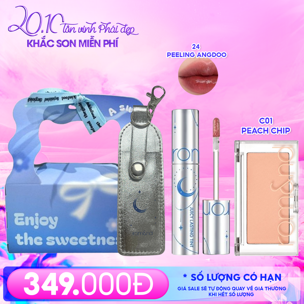 Combo Romand: Son Tint Lì Juicy Solunar Edition + Túi Đựng Son Móc Khóa Solunar + Phấn Má Hồng Better Than Cheek C01 Peach Chip + Túi Quà
