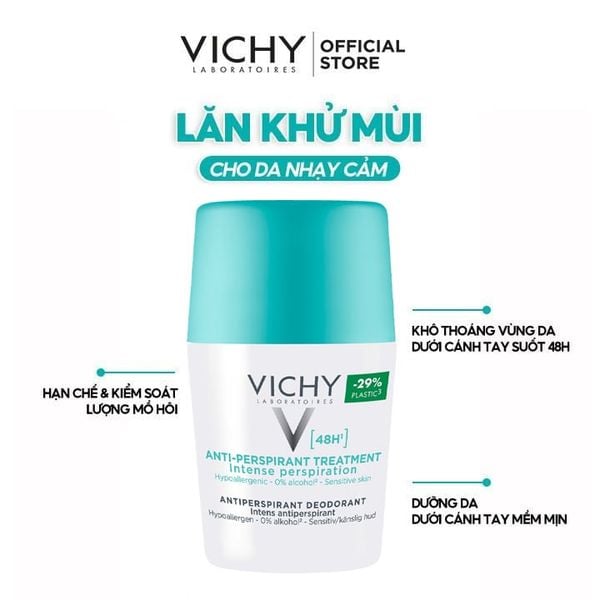 Lăn Khử Mùi Vichy Hỗ Trợ Giảm Mồ Hôi Dưới Cánh Tay, Giữ Khô Thoáng Suốt 48h Cho Da Nhạy Cảm Traitement Anti – Transpirant 48h 50ml (Che tên sản phẩm khi giao hàng)