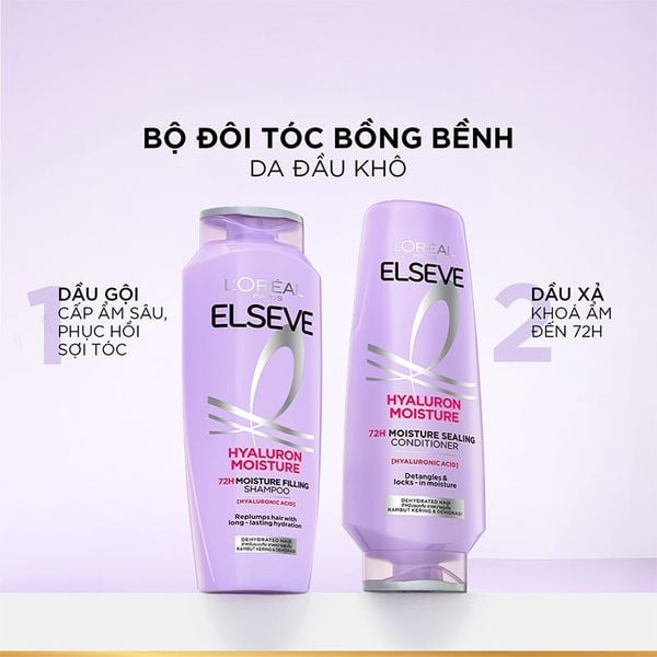 Dầu Gội, Dầu Xả Cấp Ẩm, Tóc Bóng Mượt Cho Da Đầu Khô L'oreal Elseve Hyaluron Moisture 72H