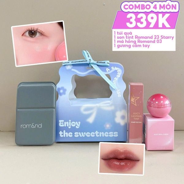 Combo Quà Tặng 20/10: Túi Quà + Son Tint Lì Romand Starry Edition 23 + Má Hồng Kem Romand 03 White Peach + Gương Make Up