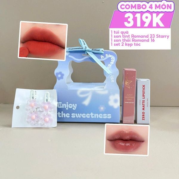 Combo Quà Tặng 20/10: Túi Quà + Son Tint Lì Romand Starry Edition 23 + Son Thỏi Lì Romand #16 Dazzle Red  + Kẹp Tóc Ngẫu Nhiên