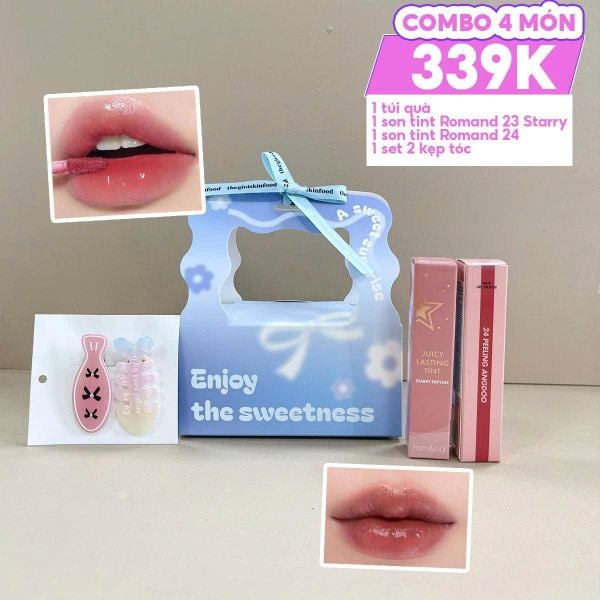 Combo Quà Tặng 20/10: Túi Quà + Son Tint Lì Romand Starry Edition 23 + Son Tint Lì Romand 24 Peeling Angdoo + Kẹp Tóc Ngẫu Nhiên