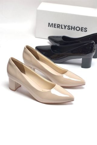 Giày Công Sở Nữ Đế Vuông 5cm Kem Nude Bóng, Giày Cao Gót Mũi Nhọn, Giày Cao Gót Bigsize