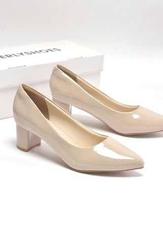 Giày Công Sở Nữ Đế Vuông 5cm Kem Nude Bóng, Giày Cao Gót Mũi Nhọn, Giày Cao Gót Bigsize