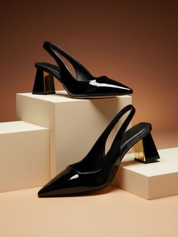 Giày Cao Gót Đen Mũi Nhọn Hở Gót Slingback Đế Vuông 6cm Merly 1490 Đen Bóng Big Size 35-43