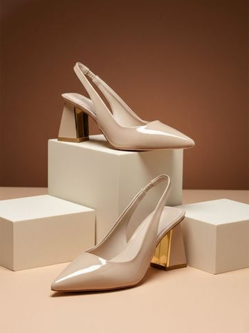 Giày Cao Gót Nude Mũi Nhọn Hở Gót Slingback Đế Vuông 6-7cm