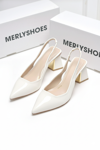 Giày Cao Gót Trắng Mũi Nhọn Hở Gót Đế Vuông 6cm Merly 1490