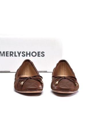 Giày Búp Bê Nâu Nơ Nhí Merly 1514 Mũi Vuông Chần Chỉ Phong Cách Hàn