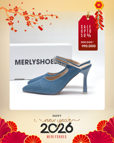 Giày Cao Gót Xanh Jean 9cm Đính Đá Lấp Lánh Merly 1582 35-43, Giày Mặc Quần Jean Ống Rộng, Giày Đi Tiệc, Giày Đi Đám Cưới, Giày Cao Gót Mũi Nhọn