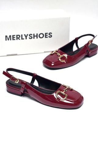 Giày Búp Bê Đỏ Bóng Merly 1585-2P Mũi Vuông Gót 2cm Khoá Gucci, Giày Búp Bê Đỏ Bigsize Merly