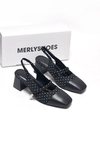 Giày Búp Bê Cao Gót, Giày Cao Gót Slingback, Giày Đen Chấm Bi