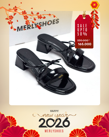 Guốc Nữ Quai Ngang Bản To Đế Vuông 3cm Màu Đen Nơ Dây Nhỏ Tinh Tế, Dép Tiểu Thư, Dép Cao Gót, Guốc Nữ Big Size Merly 1596 Đen Bóng