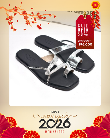 Dép Xỏ Ngón Da Cao Cấp Mũi Vuông Dây Mảnh Merly 1631 Bạc x Đen, Dép Lê Nữ, Dép Nữ Big Size 35-43