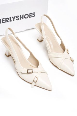 Giày Sandal Bít Mũi Trắng Kem, Giày Cao Gót Slingback, Giày Cao Gót Big Size