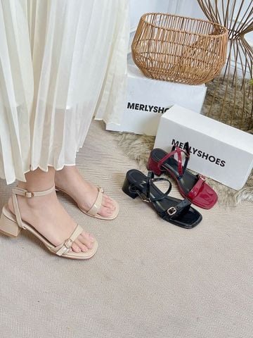 Sandal Cao Gót Đế Vuông 5cm Nude Quai Mảnh Gắn Khóa Merly 1640 Kem Bigsize