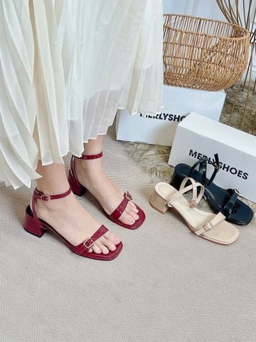 Sandal Cao Gót Đế Vuông 5cm Quai Ngang Mảnh Khóa Merly 1640 Đỏ Bóng Bigsize 35-43, Giày Cao Gót Mặc Áo Dài