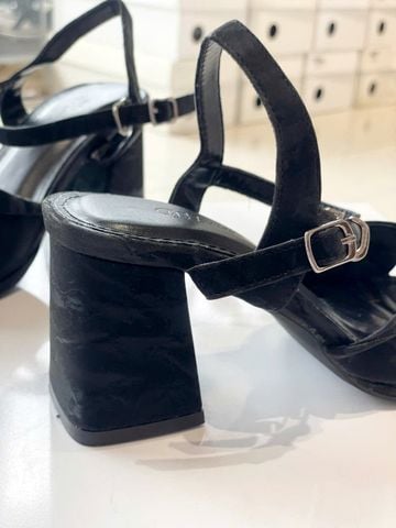 Sandals 7cm Merly 1641 Đen Vân Mây Size 35-43 Quai Ngang Xoắn Mềm Gót, Giày Xăng Đan Cao Gót Quai Ngang, Giày Công Sở Nữ