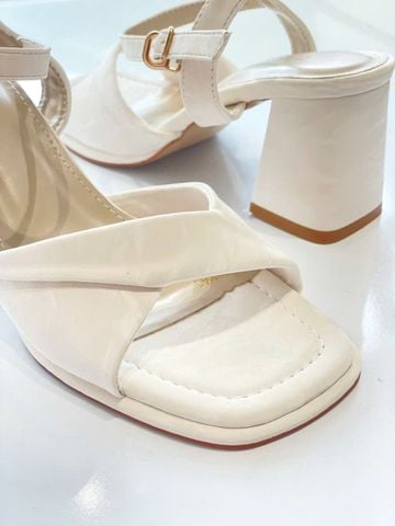 Sandals Trắng Kem Ivory Quai Xoắn Mềm Gót 7cm Merly 1641 Kem Vân Mây Size 35-43, Giày Xăng Đan Cao Gót Quai Ngang, Giày Công Sở Nữ