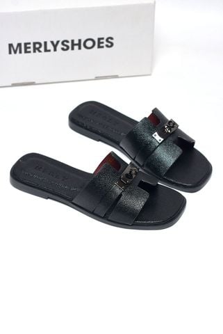 Dép Chữ H Nữ Đính Khóa Merly 1650 Đen Da Vân Hạt Size 35-43, Dép Chữ H Big Size