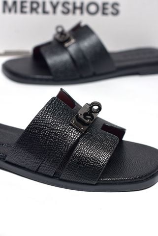 Dép Chữ H Nữ Đính Khóa Merly 1650 Đen Da Vân Hạt Size 35-43, Dép Chữ H Big Size
