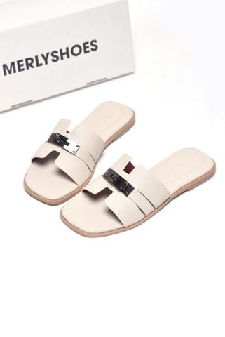 Dép Chữ H Nữ Đính Khóa Merly 1650 Trắng Kem Da Vân Hạt Size 35-43, Dép Chữ H Nữ Bigsize