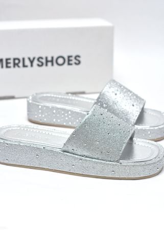 Dép Bánh Mì Nữ Bạc Đính Đá Merly 1651 Quai Ngang Da Đính Hạt Lấp Lánh Đế Cao 3cm Màu Đen