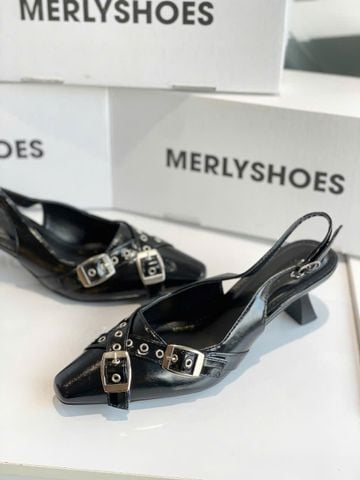 Giày Slingback Mũi Vuông Gót 5cm Merly 1664 Đen Onyx Bigsize 35-43 Thiết Kế Phối Khóa Mũi Giúp Thọn Mũi Chân, Giày Công Sở Nữ, Giày Cao Gót 5cm, Giày Nữ Gót Thấp