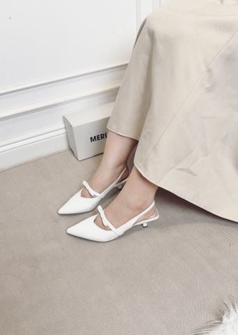 Giày Cao Gót Slingback Mũi Nhọn Trắng Đế Thấp 3cm Quai Ngang Đính Nơ Merly 1602 Trắng Bóng, Giày Cao Gót Big Size, Giày Đi Tiệc, Giày Cưới Cô Dâu