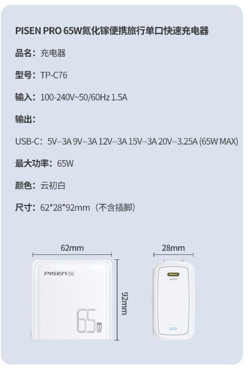 Bộ sạc siêu nhanh Pisen Pro chính hãng 65W 1 cổng Type C (Trắng)