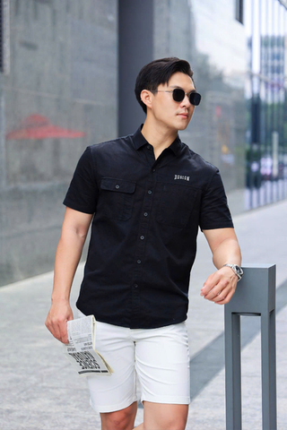 ÁO SƠ MI NAM TAY NGẮN TÚI MÀU ĐEN T003545