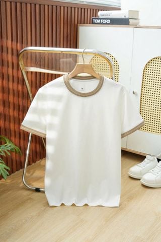 ÁO THUN CỔ TRÒN TRẮNG PHỐI NÂU - P004296