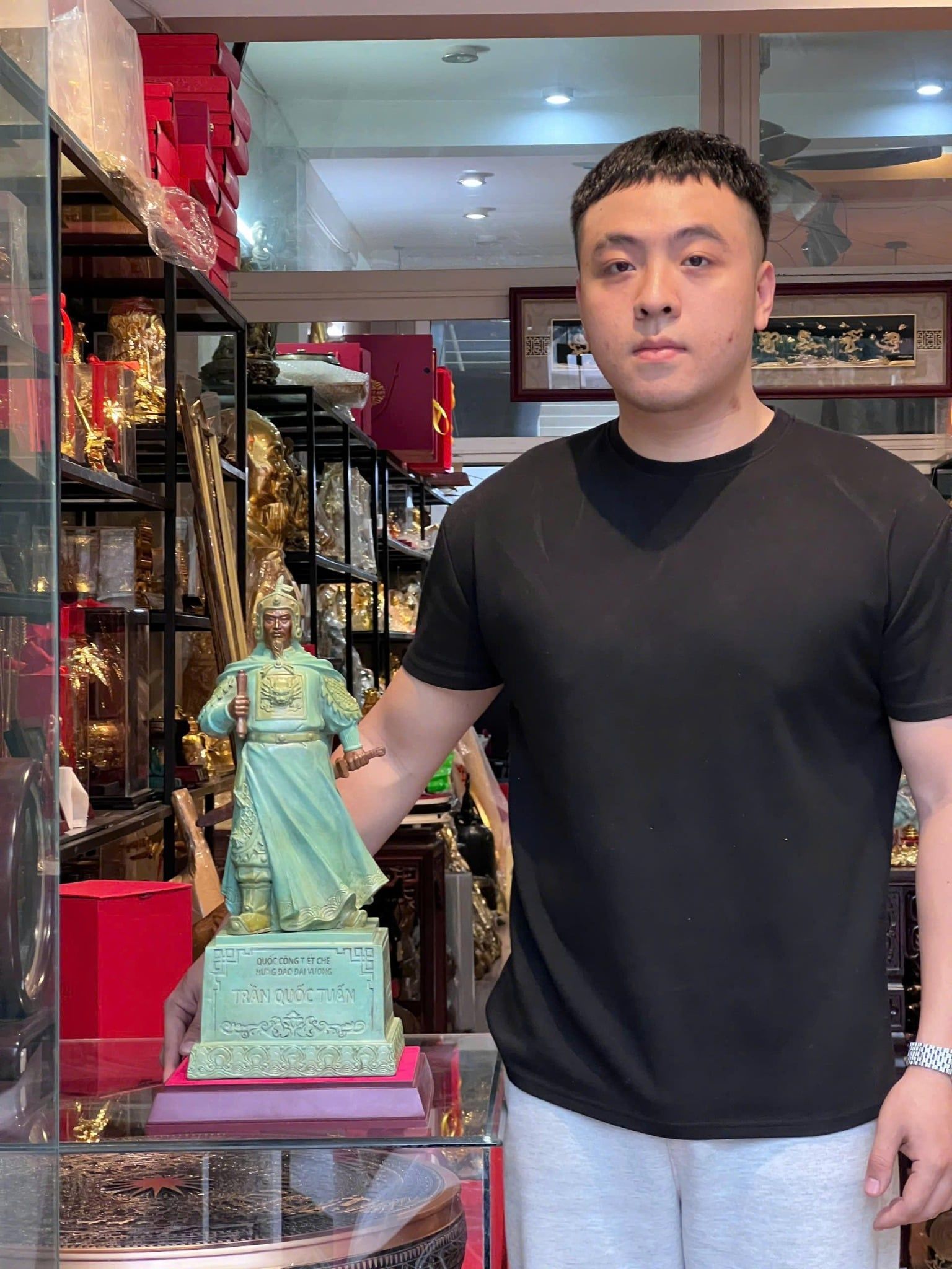 Tượng đồng trần hưng đạo cao 50cm patina xanh ngọc lục bích vân cổ