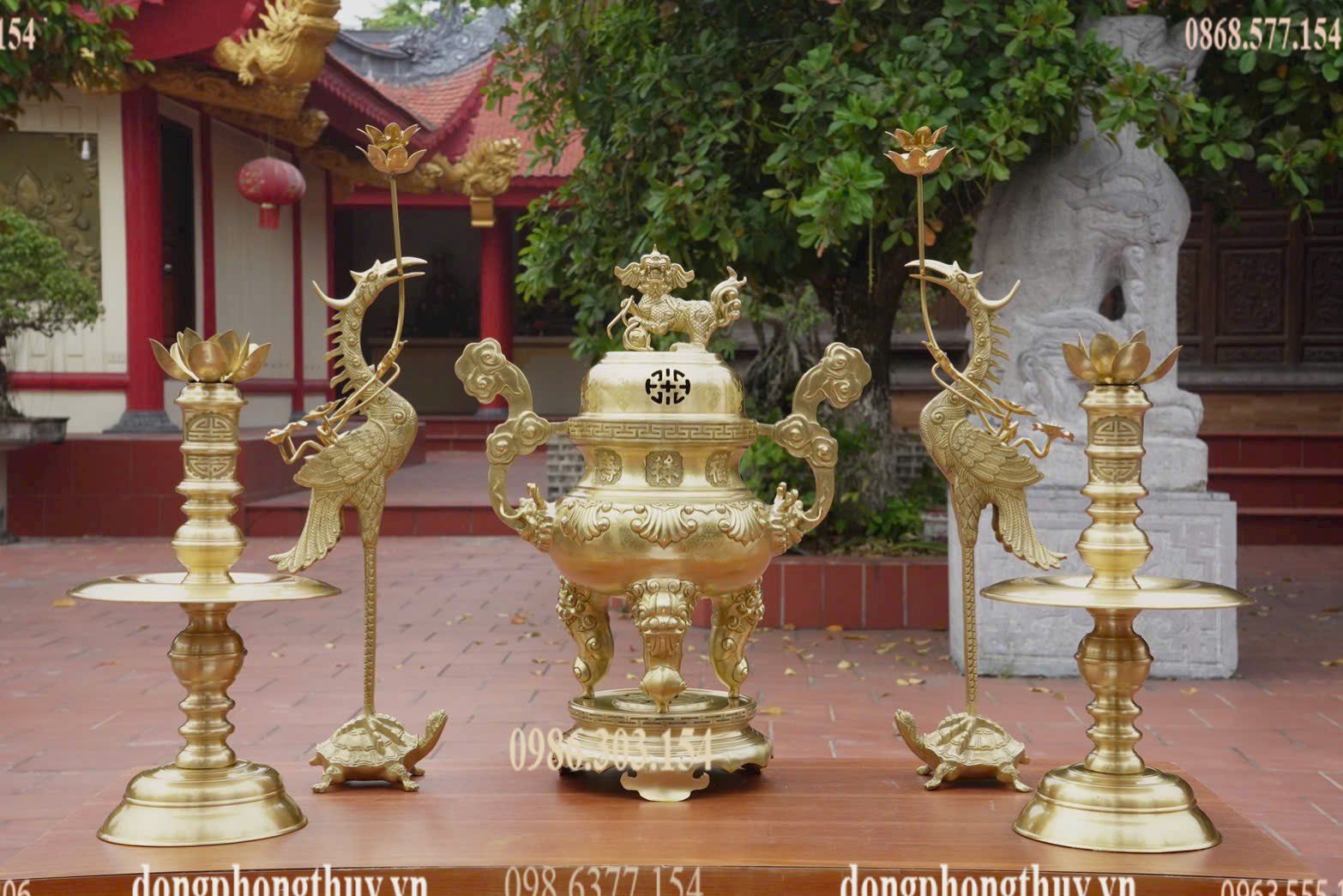 Bộ đỉnh đồng lư hương hoa sòi 55cm -60cm